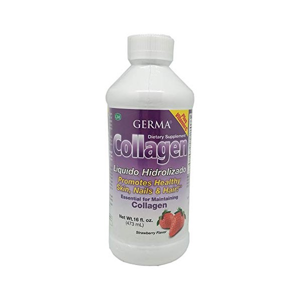 Germa Liquid Collagen Dietary Supplement. Anti-Aging, Helps Skin Stay Supple. Improves Hair and Nail Growth. With Vitamin C. Strawberry Flavour. 16 Oz.