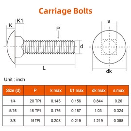 3/8-16 x 1 Carriage Bolts, Stainless Steel 18-8 (304), Round Head, Square Neck, Fully Threaded, Black Finish, 10 PCS