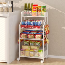 Homsorout Can Organizer for Pantry - Rolling Snack Cart, Multi-Layer Soda Can Organizer for Pantry, Mobile Beverage Storage Rack with Wheels, Versatile Metal Shelf for Kitchen and Office, White