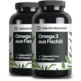 natural elements Omega 3 (Set of 2) - 2 x 365 Capsules - 2000 mg Fish Oil per Daily Dose - with EPA and DHA in Triglyceride Form - Laboratory Tested and Elaborately Cleaned