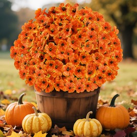 AmberFun 24 Bundles Artificial Fall Flowers for Outdoors, Realistic Fake Silk Flowers for Outside Decoration, Autumn Faux Plants Outdoor Planter Window Box Porch Patio Decor(Orange)