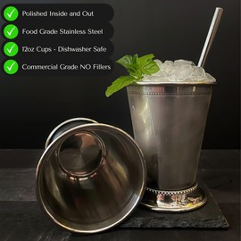 Mint Julep Cups Set of 4 with Straws - Polished Inside - 12oz Commercial Grade - Stainless Steel Mint Julep Cup - Horse Racing Derby Cups - Mint Julep Glasses are Great as Derby Party - Mint Julep Kit
