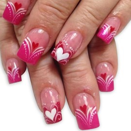 Press on Nails Medium Square Fake Nails Press ons with Heart Designs Pink French Tip Glossy Glue on Nail Nude Stick on Nail for Women 24Pcs