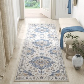 jinchan Runner Rug 3x8 Vintage Hallway Runner Boho Washable Rug Floral Medallion Retro Non Slip Classic Thin Soft Carpet for Kitchen Bedroom Bathroom Laundry Room Doorway Blue