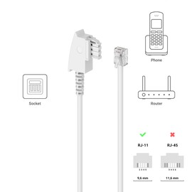 deleyCON 10 m Telephone Cable, TAE-F Plug to RJ11 Plug, Int’l STD 6P4C Flat Cable for Analogue Devices to TAE-F Telephone Socket, Telephone, Fax, Modem, Router, Answering Machine, White
