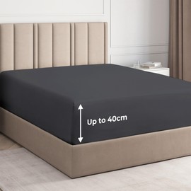 Small Double Fitted Bed Sheet - Luxury Deep Pocket Single Fitted Sheet - Fits Mattress Up to 40cm 16" - 120cm x 190cm x 40cm 16" - Soft & Wrinkle Free - Extra Deep - Fitted Sheet Only (Dark Grey)