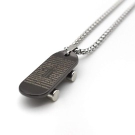 Skateboard Pendant Necklace for Men, Stainless Steel Christian Charms Lord's Prayer Scripture Pendant Necklace, Hip Hop Rapper Chain Necklace, Cross Necklace Bible Verse Pendants