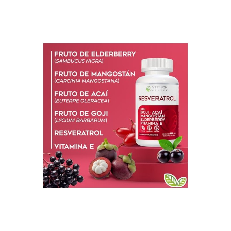 Resveratrol con Goji Acaí Elderberry Vitamina E frasco con 60