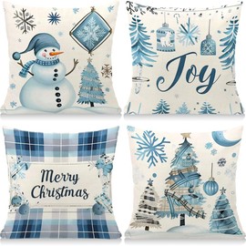 Cirzone Christmas Cushion Cover, 45 x 45 cm, Set of 4, Christmas Snowman, Christmas Decor Cushion, Christmas Cushion Cover, Christmas Decoration for Home, Sofa, Bedroom