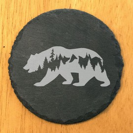 Bear Hug Coasters: Slate Drink Coasters with Laser-Etched Bear, Tree, and Mountain Design - Rustic Home Decor - Round Slate - set of 8
