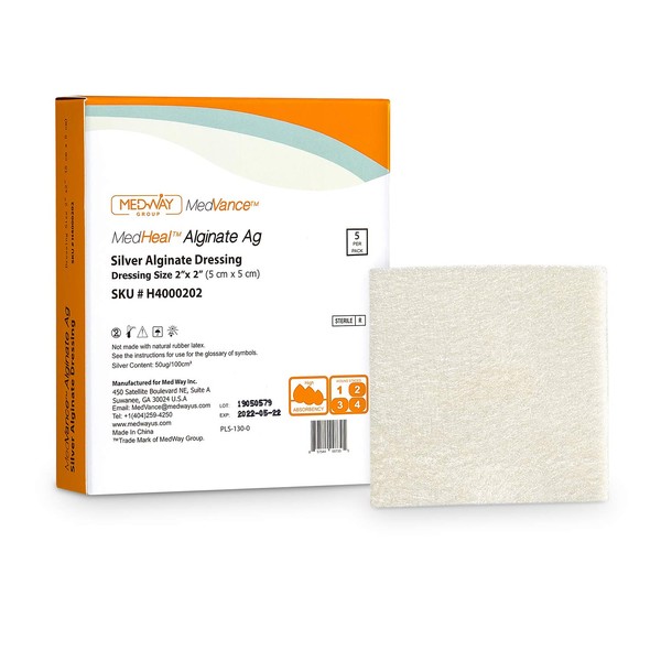 Silver Calcium Alginate Ag Sterile Highly Absorbent Antibacterial Dressing, 2"x2", 5 dressings/Box, MedHeal by MedvanceTM