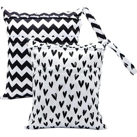 2pcs Cloth Diaper Wet Dry Bags Waterproof Reusable with Two Zippered Pockets Travel Beach Pool Daycare Soiled Baby Items Yoga Gym Bag for Swimsuits or Wet Clothes (BLACK HEART)