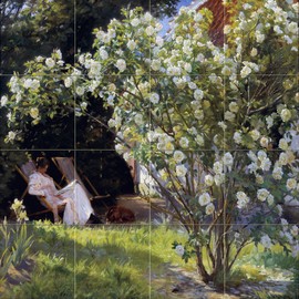Tile Mural Summer Garden Rose Girl Dog by Peder Severin Kroyer Kitchen Bathroom Shower Wall Backsplash Splashback 4x4 4.25" Ceramic, Matte