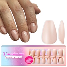 SXVME Soft Gel Nail Tips Short Coffin Gel X Nails, 300Pcs Pre-applied Tip Primer Gel X Nail Tips, Natural Nude Pink Colored Gel Tips Acrylic Fake Nails Extensions False Nails Press ons for Easy DIY