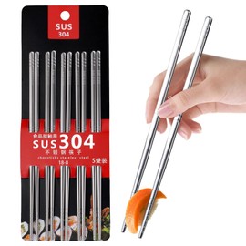 5 Pairs Stainless Steel Chopsticks, Metal Chopsticks, Reusable, Non-Slip Chopsticks, Dishwasher Safe, Japanese Chopsticks, Metal Chopsticks, Gift Set (Silver)