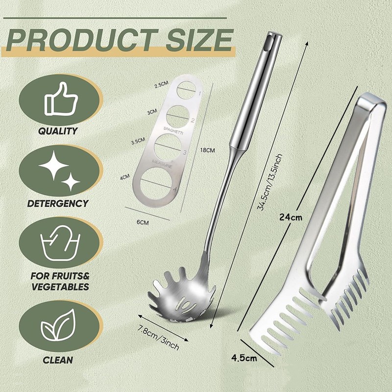 HZIYOU 3Pcs Spaghetti Spoon and Pasta Tongs Stainless Steel Comb