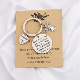 LQRI Drive Safe Gift Granddaughter Drive Safely Guardian Angel Keychain Wherever You Go May Your Guardian Angel Watch Over You Granddaughter Sweet 16 Gifts (silver)