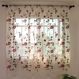 SLOW SOUL 2 Panels Violet Red Flowers Leaves Sheer Curtain Embroidered Window Curtains Gorgeous Drapes for Living Room Bedroom with Rod Pocket 52W X 72L inch