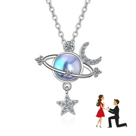 JUZICHEN Women's Silver Necklace S925, Chain Heart with Zirconia Stones, Moonstone Necklace Women, Size 45 cm + 5 cm, Hypoallergenic Chains with Heart Pendant, Mother Daughter Gift Jewellery, Silver,