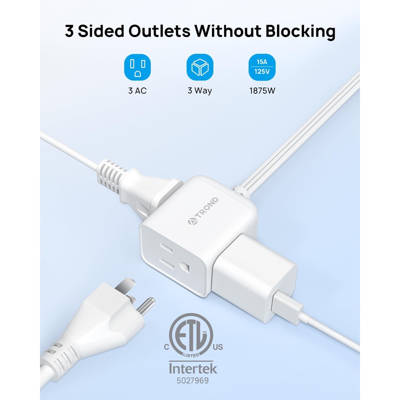 TROND Flat Outlet Extender with 6 Inch Cord - ETL