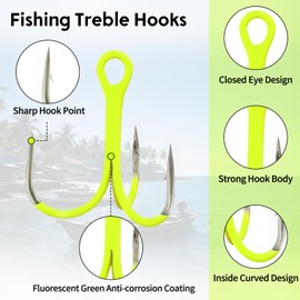 9KM DWLIFE Treble Hooks 10Pcs Fluorescent Green Triple Hooks High Carbon Steel Catfish Hooks Corrosion-Resistant Saltwater Fishing Hooks