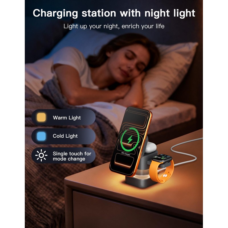 3 in 1 Wireless Charging Station, Wireless Charger with Night-Lamp