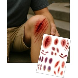 Realistic SFX Wound & Bruise Temporary Tattoo Set – 2x A5 Sheets for Film, TV & Theatre – Cuts, Scratches, Blood & Bruising – Ultra-Realistic Special Effects Makeup