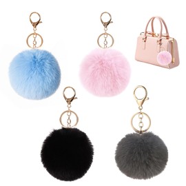 Set of 4 Fluffy Pompoms Key Chains, Plush Bag Pendant in Various Colours, Soft Pompom Pendant for Handbags, Keys and Car, Gift, 8 cm Diameter, Plush Keychain, Black, red, blue, pink