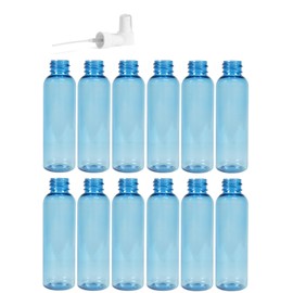 Premium Essential Oil 2 Ounce Cosmo Round Bottles, PET Plastic Empty Fillable BPA-Free, with White Ribbed Fine Mist Pump Spray Caps (Pack of 12) (Light Blue)