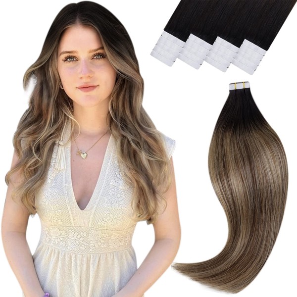 Vivien Brown Tape-In Extensions Real Hair Ombre Black 20 inches / 50 cm Real Hair Tape-In Balayage Caramel Blonde 20 Pieces Tape Extensions Real Hair Straight 50 g #1B/4/27