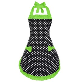 Violet Mist Lovely Retro Cute Aprons for Women with Pocket Green Polka Dot Vintage Aprons for Girls Ladies Ruffle Frilly Christmas Apron Kawaii 50s Maid Kitchen Aprons for Cooking Baking Mothers Gift