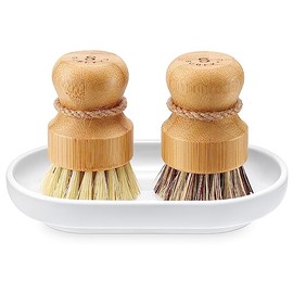 SUBEKYU Bamboo Dish Scrub Brushes, Bubble Up Bamboo Dish Brush Set with Brush Tray, Kitchen Wooden Cleaning Scrubbers Set for Washing Cast Iron Pan/Po