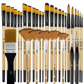 Bougimal 32 Pieces Paint Brush Set, Artist Series, Nylon Bristles with Round, Filbert, Flat, Fan, Angle, Fine Detail Brush, Suitable for Artists and Beginners for Acrylic Painting, Oil, Watercolor