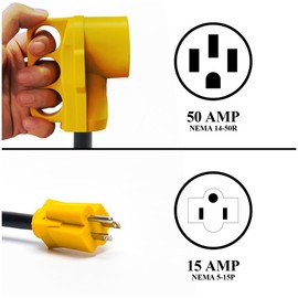 RV Electrical Power Adapter Cord-15A Male to 50A Female 12inch 10/3 STW Power Cord (CR1550)