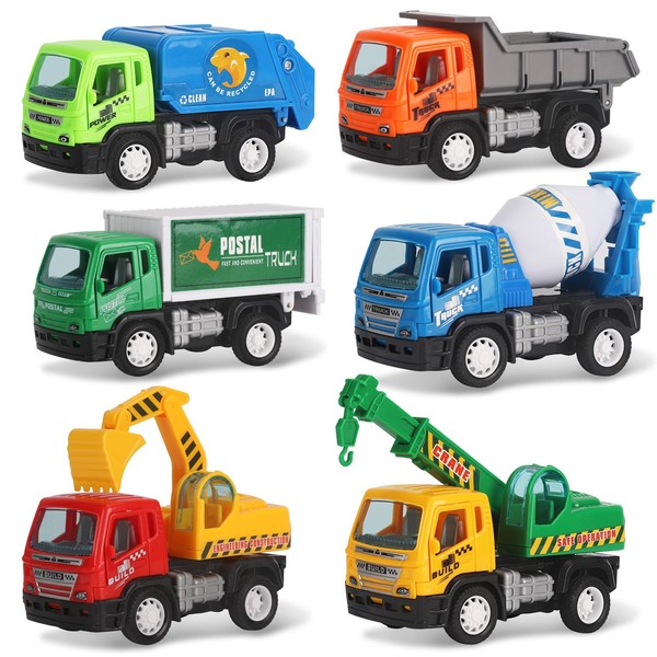 Liberty Imports Set of 6 Pullback City Builder Construction Vehicles for Kids - Dump Truck, Cement Mixer, Garbage Truck, Excavator, Crane, Postal Truck