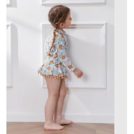 METYOUEZE Toddler Girl One Piece Swimsuit Long Sleeve Zipper Ruffle Tassel Swimwear Summer Beach Bathing Suit 12M-6T (Green Flower,2-3T)