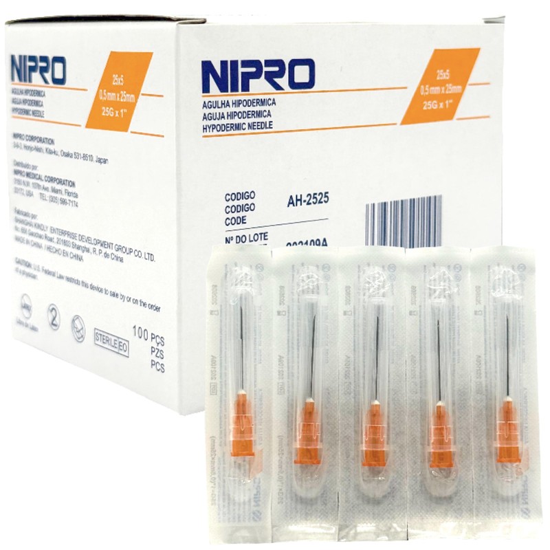 NIPRO Aguja Hipodérmica 25G x 25 mm (1”), Naranja, Estéril