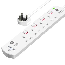 SLx Extension Lead 2m 4 Way Gang Switched Surge Protected Power Strip with 2 USB A Ports & LED Indicator 13A UK Plug & 3 Pin Sockets Wall Mountable Extension Cord for Home, Office or Garage White