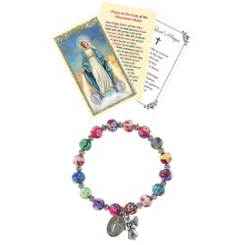 Miraculous Medal Bracelet with Miraculous Medal Prayer Card, The Lord's Prayer Card | Stretch Miraculous Bracelet with Guardian Angel Dangle | Miraculous Medal Bracelet For Women Set of 3 Items