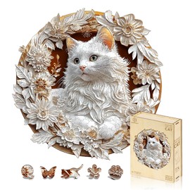 Jigfoxy Wooden Puzzle Adults, White Cat Wooden Puzzle Adult, Unique Wooden Animal Puzzle, Family and Friends L-34 x 34 cm, 248 Pieces