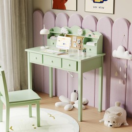 FUNKOCO Home Office Furniture Writing Desk, 36 Inch Computer Work Station with Detachable Hutch for Small Place, 5 Drawers(Candy Green)