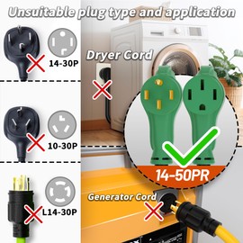 PlugSaf NEMA 14-50P/14-50R 15 FT 50 Amp RV/EV Extension Cord Outdoor with Grip Handle, 4 Prong Flexible Heavy Duty STW RV Power Cord Waterproof, 50A 125/250V 6250/12500W, Black-Green, ETL Listed