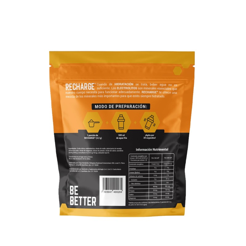 Be Better RECHARGE, Electrolitos En Polvo 60 Porciones, Sabor Naranja,