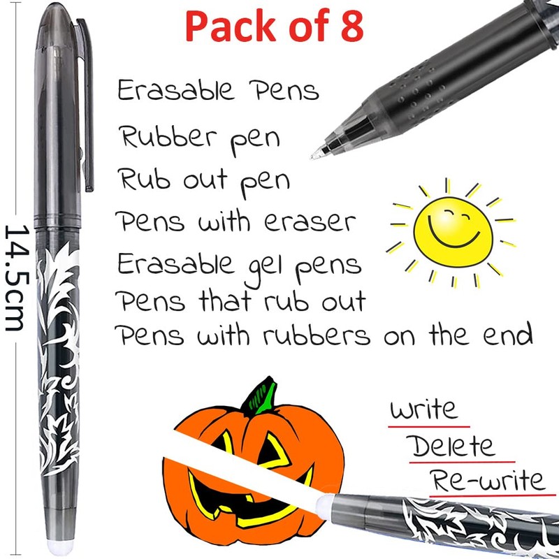 8 Erasable Pens Black Eraser Pen, Rub Out Pens with