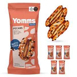 Yomms Nutty Chia Glazed Whole Pecan Halves, 7.8 oz (6 Pack), Gluten-Free & Non-GMO Healthy Dessert Snacks – Low Sugar Chia Seed & Crunchy Candied Nut Pouches – Gourmet Roasted Snacking Pecans – 1.3oz Individual Bags