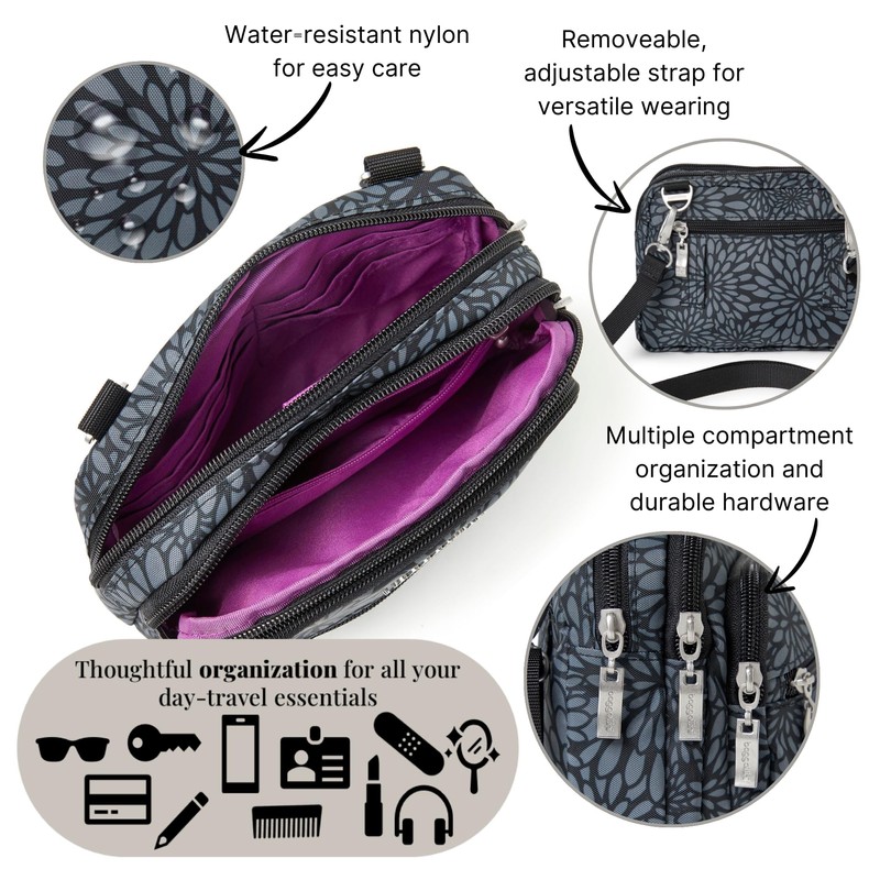 Baggallini womens Triple Zip Bagg Convertible Cross Body, Pewter Floral,