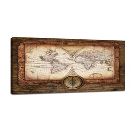 Large World Map Wall Art Vintage Map Pictures Wall Decor for Office Abstract Retro Map Canvas Painting Rustic Extra Large World Map Framed Artwork for Bedroom Living Room Ready to Hang 30"x60"