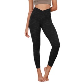 ODODOS Women's Cross Waist 7/8 Yoga Leggings with Inner Pocket, Inseam 25" Gathered Crossover Workout Yoga Pants, Camo Black, Small