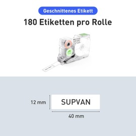SUPVAN G15M Label Tape, Thermal Multi-Purpose Labels for Home, School, Office, 12mm x 40mm, 180 Labels/Roll (White)