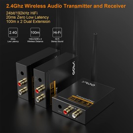 YMOO 3 in 1 2.4Ghz Wireless Audio Transmitter and Receiver,2 Receivers for Two Speakers,20ms Ultra Low Latency,192kHz/24bit HiFi,320ft Range RCA Jack Wireless Adapter for TV/Speaker/PC/Home Stereo